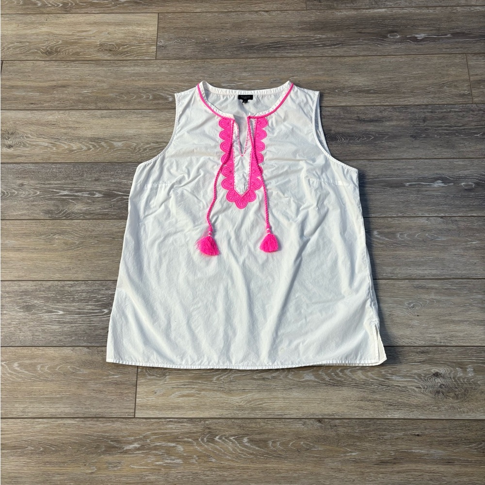 Talbots Tunic Top Sz XL Petite White Sleeveless Pink Embroidery Boho Coastal